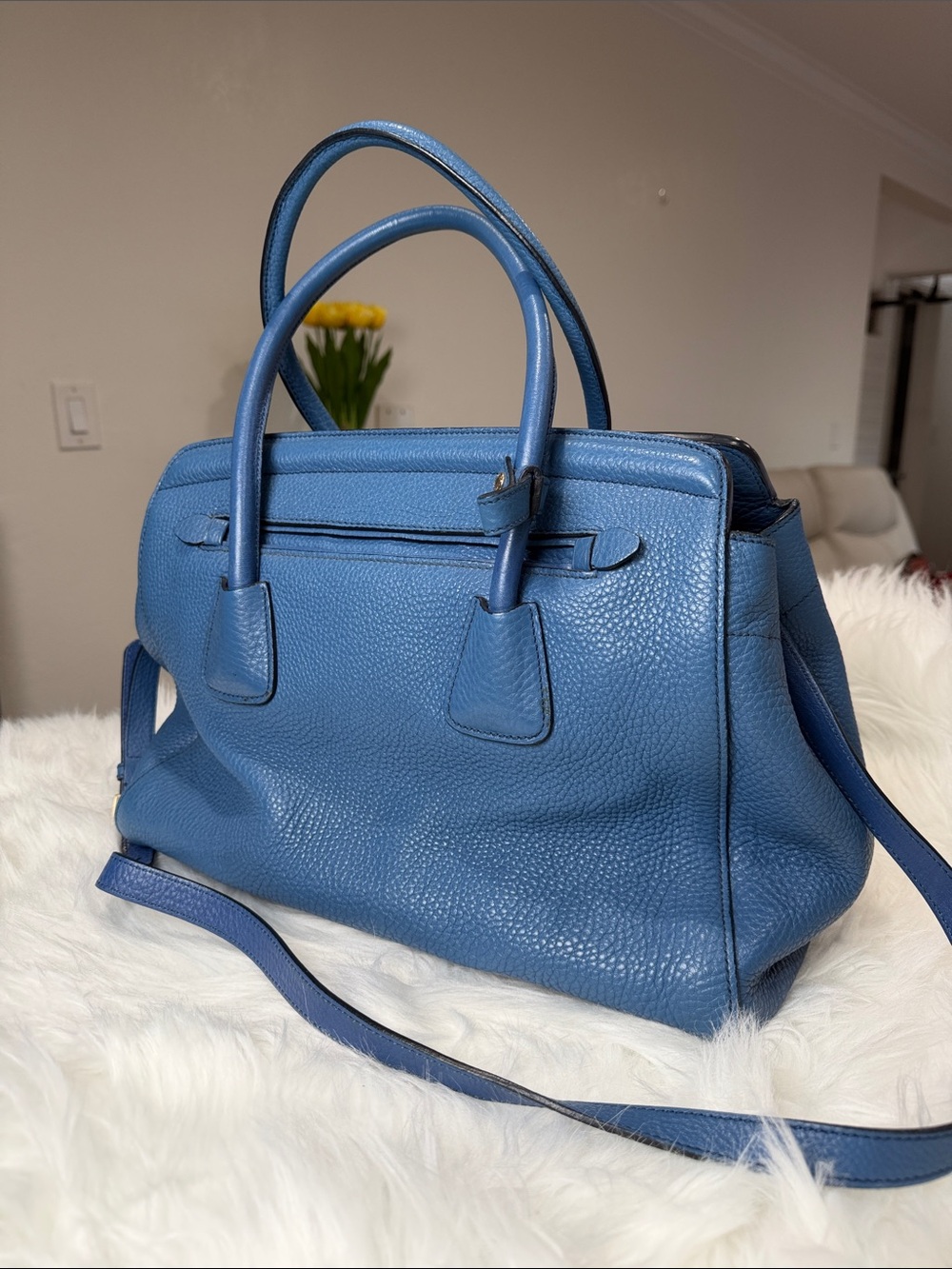 Prada Blue Pebbled Leather Two-Way Satchel Shoulder Bag - Picture 5 of 14